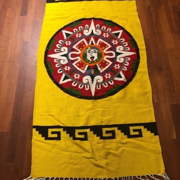 Vintage Yellow Aztec Calendar Rug Runner Tapestry - Picture 1 of 8